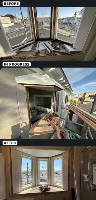 Bay window replacement: before, in progress, after